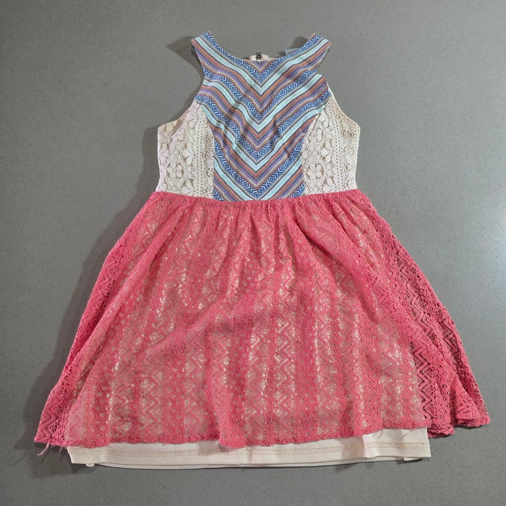 Flying Tomato Women Small Lace Chevron Mini Dress Coral Pink Cream ID11079